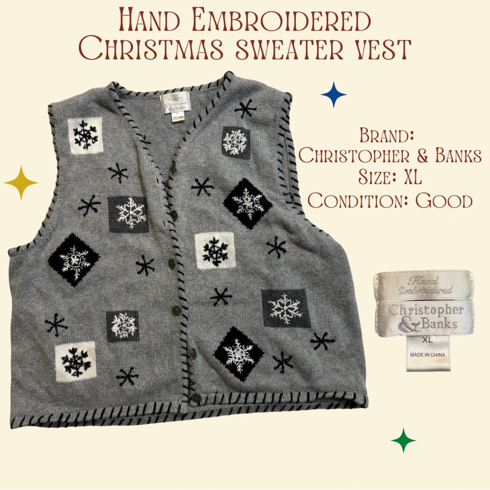 Christopher & Banks Hand Embroidered Christmas Sweater Vest